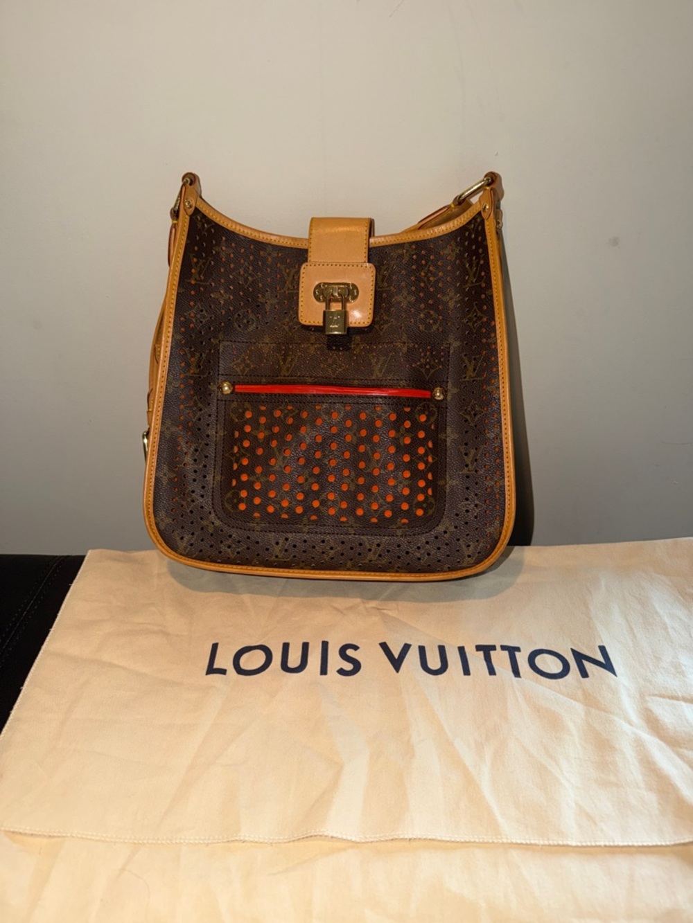Louis Vuitton Brown Monogram Perforated Shoulder Bag with Orange Highlights